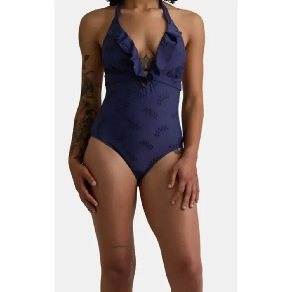 Time and Tru NWT navy eyelet halter one piece swimsuit small